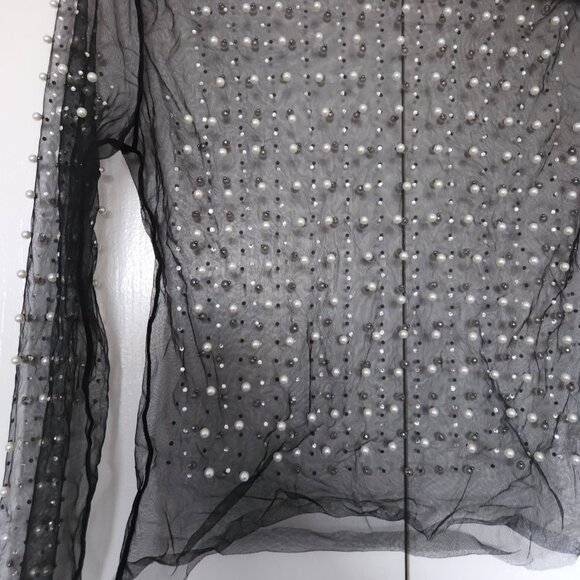 Women's Pearl Rhinestone See Through Long Sleeve Mesh Blouse Black - Picture 3 of 8